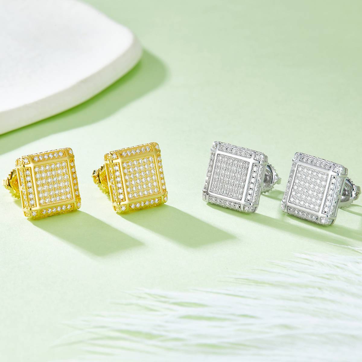 Square grid S925 silver ear nail with thread Moissanite grade D 0.77CT